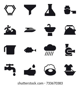 16 vector icon set : hex molecule, funnel, surfer, yacht, kettle, measuring cup, rain cloud, water pump, water tap, hand drop, soap, handle washing