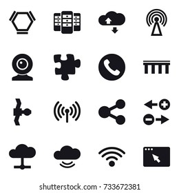 16 vector icon set : hex molecule, server, cloude service, antenna, web cam, puzzle, phone, bridge, wireless