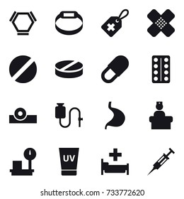 16 vector icon set : hex molecule, smart bracelet, uv cream, hospital, syringe