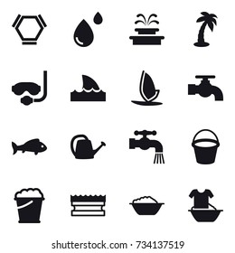 16 vector icon set : hex molecule, fountain, palm, diving mask, shark flipper, windsurfing, water tap, fish, watering can, bucket, foam bucket, sponge, foam basin, handle washing