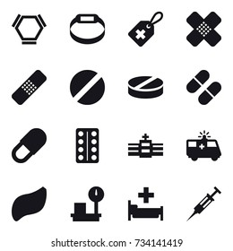 16 vector icon set : hex molecule, smart bracelet, hospital, syringe
