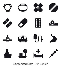 16 vector icon set : hex molecule, smart bracelet, hospital, syringe