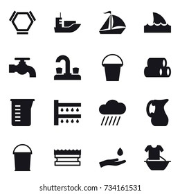 16 vector icon set : hex molecule, sail boat, shark flipper, water tap, bucket, measuring cup, watering, rain cloud, jug, sponge, hand and drop, handle washing