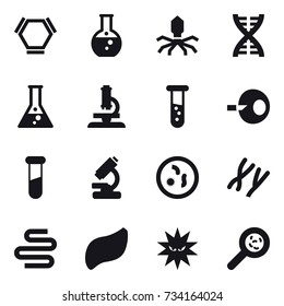 16 vector icon set : hex molecule, round flask, virus, dna, flask, microscope, vial, viruses