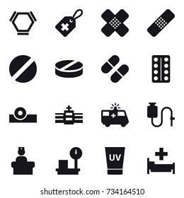 16 vector icon set : hex molecule, uv cream, hospital