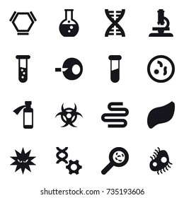 16 vector icon set : hex molecule, round flask, dna, microscope, vial, viruses, microb