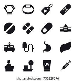 16 vector icon set : hex molecule, smart bracelet, uv cream, syringe