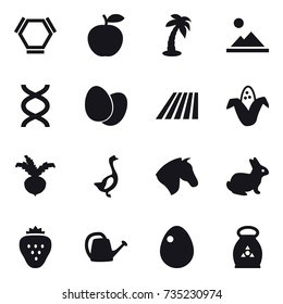 16 vector icon set : hex molecule, palm, landscape, field, corn, beet, goose, horse, rabbit, strawberry, watering can, egg, fertilizer