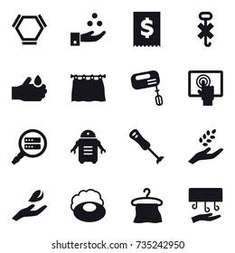 16 vector icon set : hex molecule, chamical industry, curtain, mixer, harvest, hand leaf, soap, hanger, hand dryer