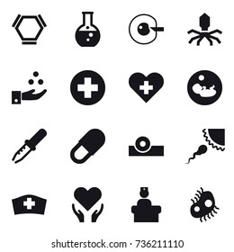 16 vector icon set : hex molecule, round flask, cell corection, virus, chamical industry, microb