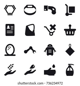 16 vector icon set : hex molecule, smart bracelet, hand coin, cargo stoller, mirror, rag, harvest, hand leaf, hand drop, liquid soap