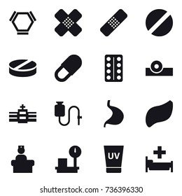 16 vector icon set : hex molecule, uv cream, hospital