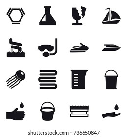 16 vector icon set : hex molecule, sail boat, aquapark, diving mask, jet ski, yacht, jellyfish, towels, measuring cup, bucket, hand drop, sponge, hand and drop