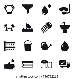 16 vector icon set : hex molecule, funnel, diving mask, palm hammock, shark flipper, jellyfish, watering, bucket, watering can, drop, hand drop, sponge, toilet paper, home call cleaning