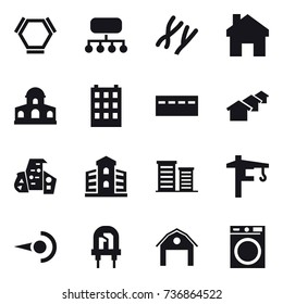 16 vector icon set : hex molecule, structure, home, mansion, building, bunker, houses, modern architecture, district, tower crane, barn, washing machine