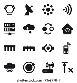 16 vector icon set : hex molecule, satellite antenna, round around, wireless, server, cloude service, quantum bond, wireless home, bridge