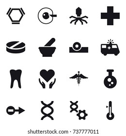 16 vector icon set : hex molecule, cell corection, virus, thermometer