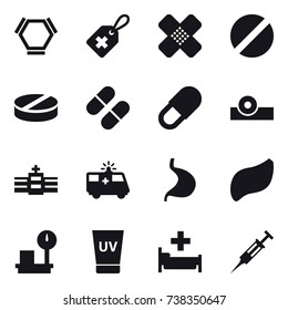 16 vector icon set : hex molecule, uv cream, hospital, syringe