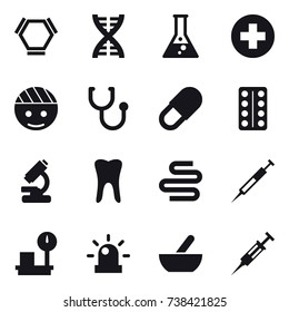 16 vector icon set : hex molecule, dna, flask, mortar, syringe