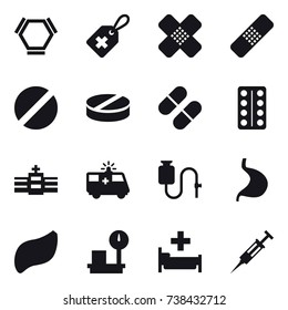16 vector icon set : hex molecule, hospital, syringe