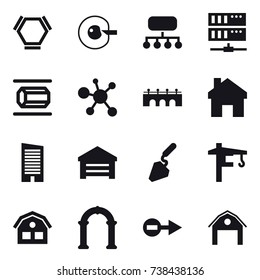 16 vector icon set : hex molecule, cell corection, structure, server, nanotube, bridge, home, skyscraper, garage, construction, tower crane, house, arch, barn