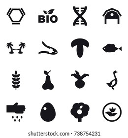 16 vector icon set : hex molecule, bio, dna, barn, palm hammock, walnut crack, pear, beet, goose, sow, egg, garden, ecology