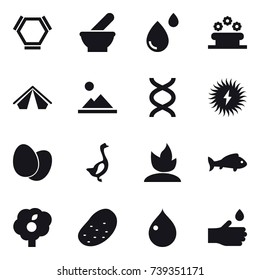 16 vector icon set : hex molecule, flower bed, tent, landscape, goose, sprouting, fish, garden, potato, drop, hand drop