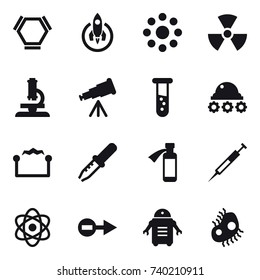 16 vector icon set : hex molecule, rocket, round around, nuclear, microscope, telescope, vial, lunar rover, electrostatic, microb
