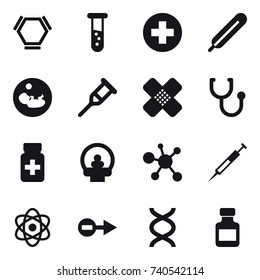 16 vector icon set : hex molecule, vial, pills bottle