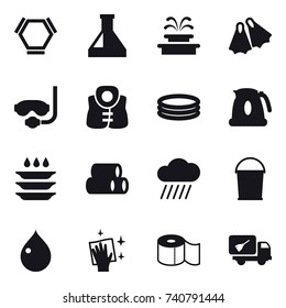 16 vector icon set : hex molecule, fountain, flippers, diving mask, life vest, inflatable pool, kettle, plate washing, rain cloud, bucket, drop, wiping, toilet paper, home call cleaning