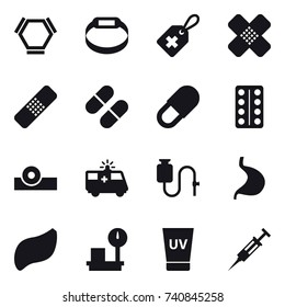 16 vector icon set : hex molecule, smart bracelet, uv cream, syringe