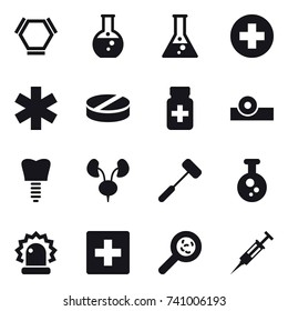 16 vector icon set : hex molecule, round flask, flask, first aid, viruses, syringe
