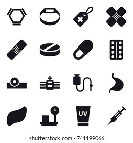 16 vector icon set : hex molecule, smart bracelet, uv cream, syringe