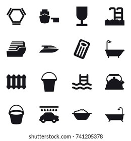 16 vector icon set : hex molecule, pool, cruise ship, yacht, inflatable mattress, bath, radiator, bucket, kettle, car wash, foam basin