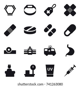 16 vector icon set : hex molecule, smart bracelet, uv cream, syringe