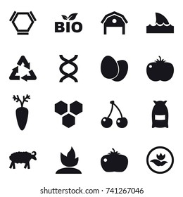 16 vector icon set : hex molecule, bio, barn, shark flipper, honeycombs, cherry, flour, sheep, sprouting, tomato, ecology