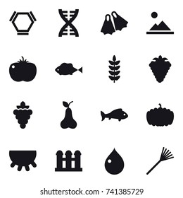 16 vector icon set : hex molecule, dna, flippers, landscape, berry, grape, pear, fish, pumpkin, udder, grain elevator, drop, rake