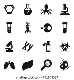 16 vector icon set : hex molecule, round flask, virus, microscope, vial, dna modify, viruses, microb