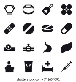 16 vector icon set : hex molecule, smart bracelet, uv cream, hospital, syringe
