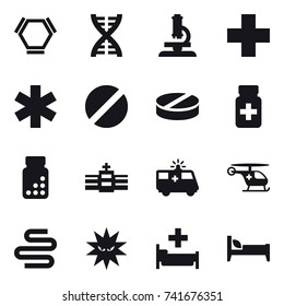 16 vector icon set : hex molecule, dna, microscope, hospital, bed