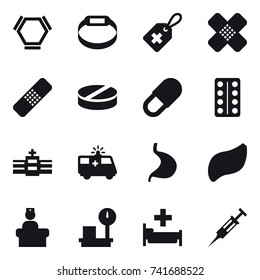 16 vector icon set : hex molecule, smart bracelet, hospital, syringe