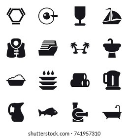 16 vector icon set : hex molecule, cell corection, sail boat, life vest, cruise ship, palm hammock, washing, plate washing, kettle, jug, fish, water pump, bath