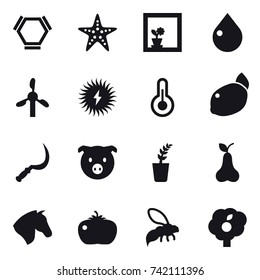 16 vector icon set : hex molecule, starfish, flower in window, drop, sickle, pig, seedling, pear, horse, tomato, wasp, garden