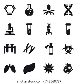 16 vector icon set : hex molecule, round flask, virus, dna, microscope, vial, dna modify, microb