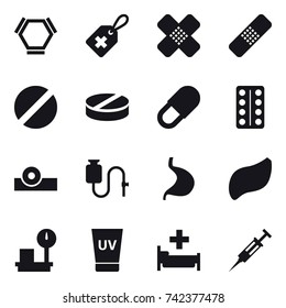 16 vector icon set : hex molecule, uv cream, hospital, syringe