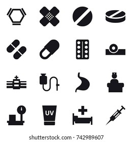 16 vector icon set : hex molecule, uv cream, hospital, syringe