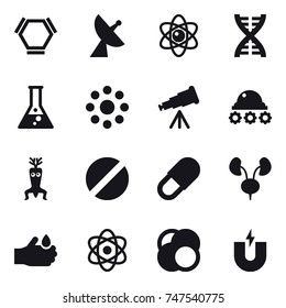 16 vector icon set : hex molecule, satellite antenna, atom, dna, flask, round around, telescope, lunar rover, dna modify