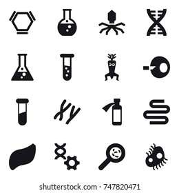 16 vector icon set : hex molecule, round flask, virus, dna, flask, vial, dna modify, viruses, microb 16 vector icon set : hex molecule, round flask, virus, dna, flask, vial, dna modify, viruses, microb