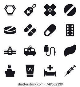 16 vector icon set : hex molecule, uv cream, hospital, syringe