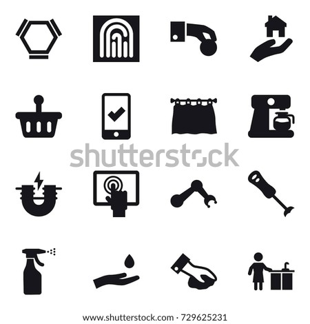 16 vector icon set : hex molecule, fingerprint, hand coin, real estate, mobile checking, curtain, coffee maker, sprayer, hand and drop, wiping, kitchen cleaning